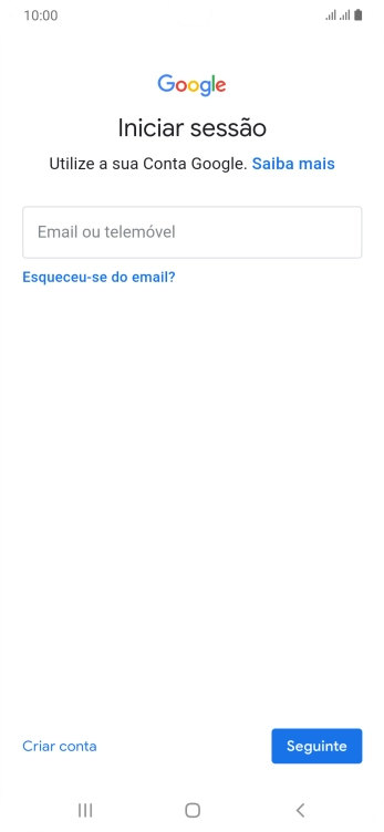 Se não tiver uma conta Google, prima Criar conta e siga as indicações no ecrã para criar uma conta.