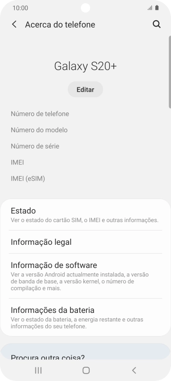 O código IMEI é mostrado no ecrã.
