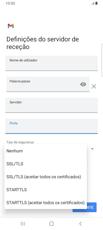 Prima SSL/TLS para ativar a função.