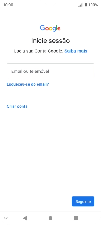 Se não tiver uma conta Google, prima Criar conta e siga as indicações no ecrã para criar uma conta.