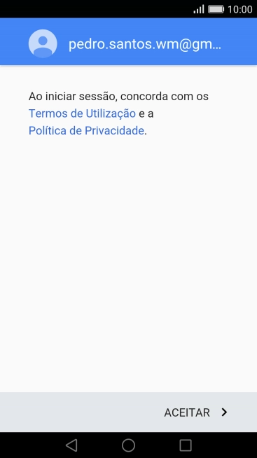 Prima ACEITAR e siga as indicações no ecrã para escolher as definições da conta Google.