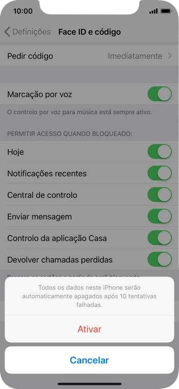 Se ativar a função, prima Ativar.