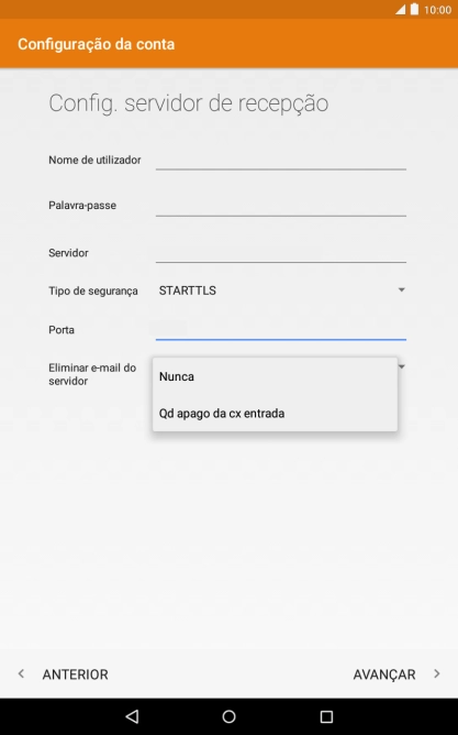Prima Nunca para manter os e-mails no servidor quando estes são apagados no tablet.