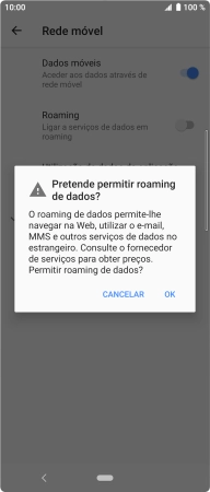 Para ativar o roaming de dados, prima OK.