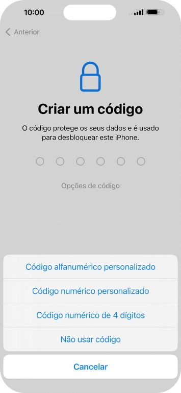 Siga as indicações no ecrã para ativar a utilização do código de bloqueio do telefone ou prima Não usar código.