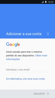 Se não tiver uma conta Google, prima Em alternativa, crie uma nova conta e siga as indicações no ecrã para criar uma conta.