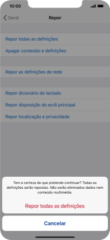 Prima Repor todas as definições. Aguarde um momento enquanto o telefone restabelece as definições originais. Siga as indicações no ecrã para configurar o telefone de modo que este fique pronto a ser utilizado.