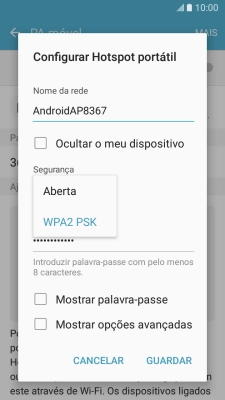Prima WPA2 PSK para proteger o hotspot Wi-Fi com uma password.