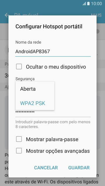 Prima WPA2 PSK para proteger o hotspot Wi-Fi com uma password.