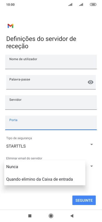 Prima Nunca para manter os e-mails no servidor quando estes são apagados no telefone.