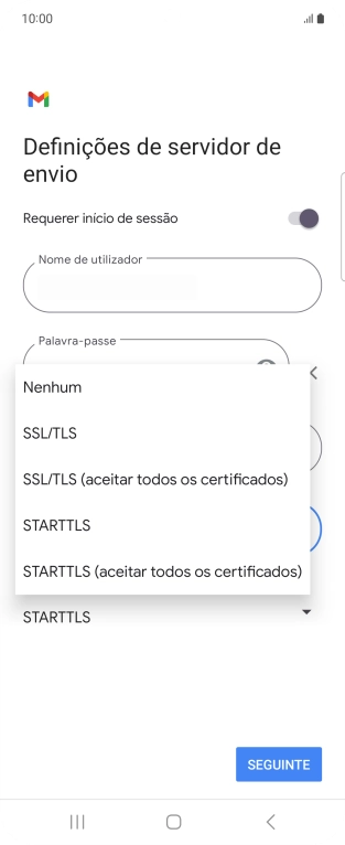 Prima SSL/TLS para ativar a função.
