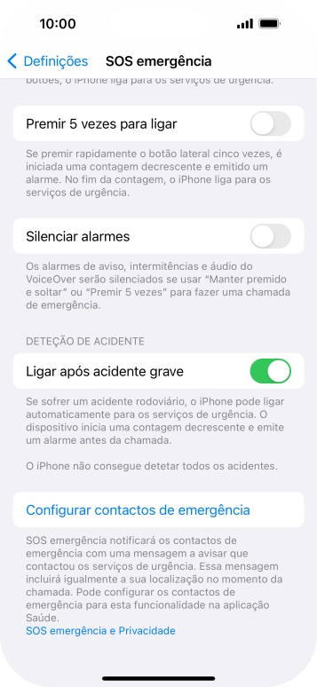 Prima Configurar contactos de emergência e siga as indicações no ecrã para introduzir a sua informação de emergência e os seus contactos de emergência.