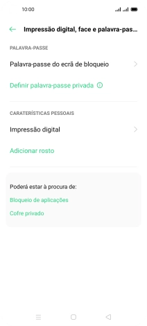 Prima Impressão digital e introduza o código adicional de bloqueio do telefone que criou anteriormente.
