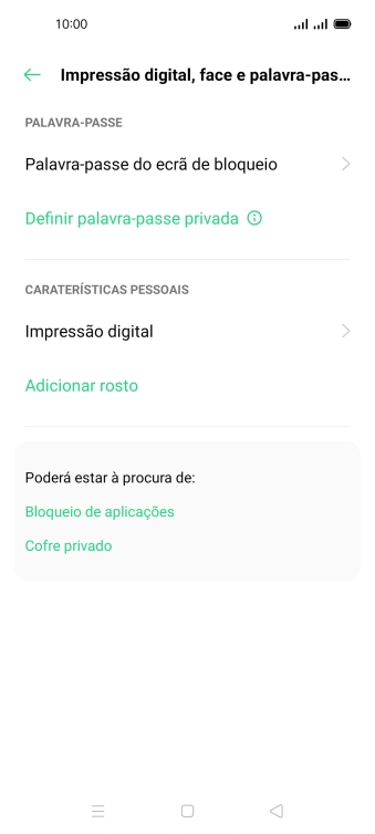Prima Impressão digital e introduza o código adicional de bloqueio do telefone que criou anteriormente.
