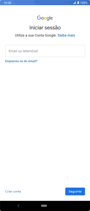 Se não tiver uma conta Google, prima Criar conta e siga as indicações no ecrã para criar uma conta.