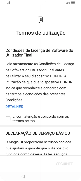 Prima o campo para aceitar os termos e condições.