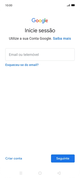 Se não tiver uma conta Google, prima Criar conta e siga as indicações no ecrã para criar uma conta.