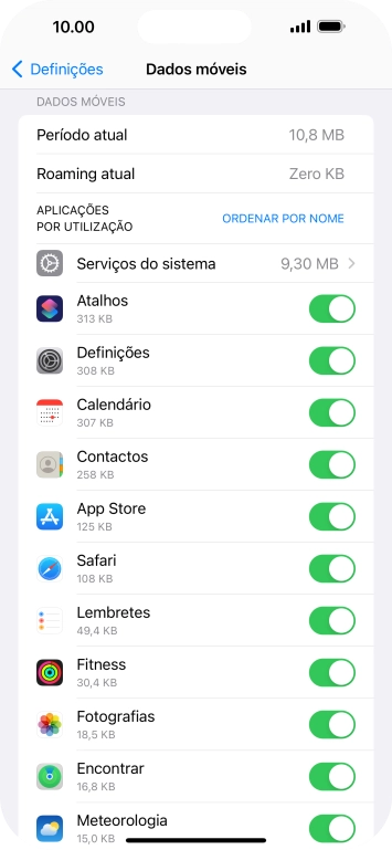 O consumo de dados de cada aplicação é mostrado sob o nome da aplicação.