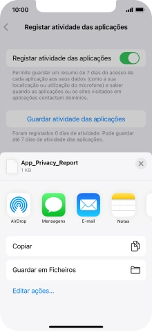 Prima a definição pretendida e siga as indicações no ecrã para partilhar ou guardar o relatório de atividade das aplicações.