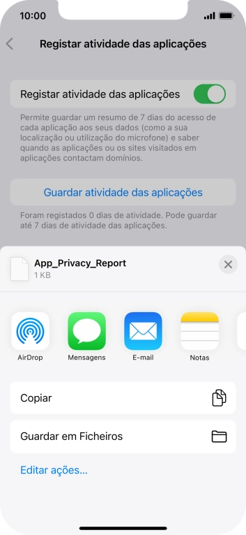 Prima a definição pretendida e siga as indicações no ecrã para partilhar ou guardar o relatório de atividade das aplicações.