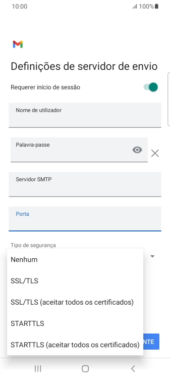 Prima STARTTLS para ativar a função.