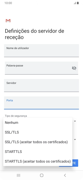 Prima SSL/TLS para ativar a função.