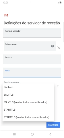 Prima SSL/TLS para ativar a função.
