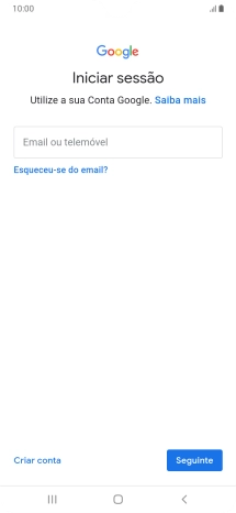 Se não tiver uma conta Google, prima Criar conta e siga as indicações no ecrã para criar uma conta.