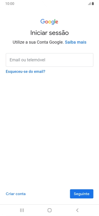 Se não tiver uma conta Google, prima Criar conta e siga as indicações no ecrã para criar uma conta.