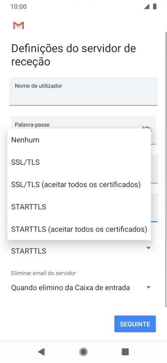 Prima SSL/TLS para ativar a função.