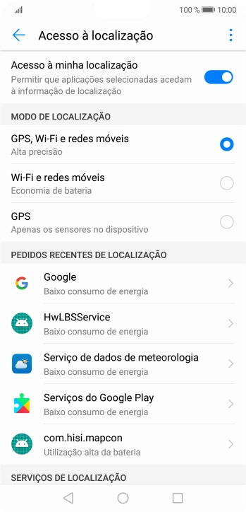 Se escolher GPS, Wi-Fi e redes móveis, o telefone irá encontrar a sua localização precisa utilizando os satélites GPS, a rede móvel e as redes Wi-Fi nas proximidades. A navegação por satélite GPS requer vista livre ao céu.