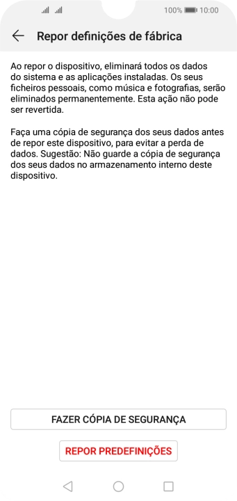 Prima REPOR PREDEFINIÇÕES. Aguarde um momento enquanto o telefone restabelece as definições originais. Siga as indicações no ecrã para configurar o telefone de modo que este fique pronto a ser utilizado.