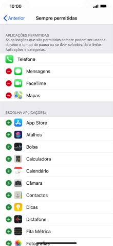 Prima o ícone para adicionar junto da app pretendida para a adicionar à lista de apps permitidas durante o Tempo de pausa.