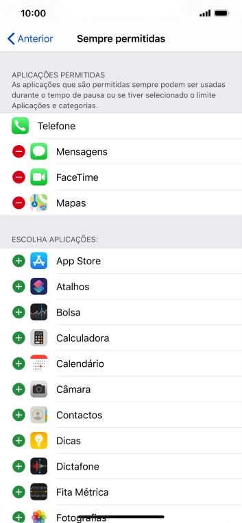 Prima o ícone para adicionar junto da app pretendida para a adicionar à lista de apps permitidas durante o Tempo de pausa.