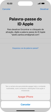 Introduza a password do ID Apple e prima Apagar iPhone. Aguarde um momento enquanto o telefone restabelece as definições originais. Siga as indicações no ecrã para configurar o telefone de modo que este fique pronto a ser utilizado.
