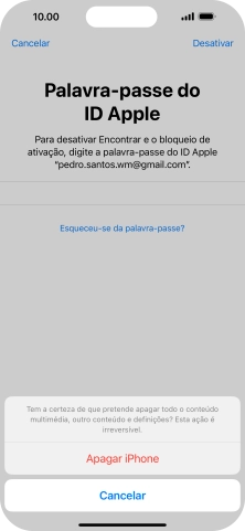 Introduza a password do ID Apple e prima Apagar iPhone. Aguarde um momento enquanto o telefone restabelece as definições originais. Siga as indicações no ecrã para configurar o telefone de modo que este fique pronto a ser utilizado.