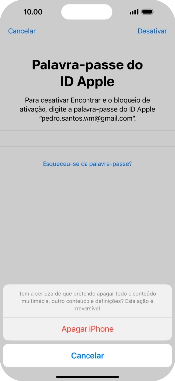 Introduza a password do ID Apple e prima Apagar iPhone. Aguarde um momento enquanto o telefone restabelece as definições originais. Siga as indicações no ecrã para configurar o telefone de modo que este fique pronto a ser utilizado.