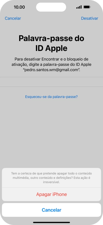 Introduza a password do ID Apple e prima Apagar iPhone. Aguarde um momento enquanto o telefone restabelece as definições originais. Siga as indicações no ecrã para configurar o telefone de modo que este fique pronto a ser utilizado.