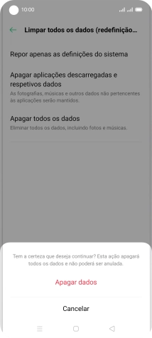 Prima Apagar dados. Aguarde um momento enquanto o telefone restabelece as definições originais. Siga as indicações no ecrã para configurar o telefone de modo que este fique pronto a ser utilizado.