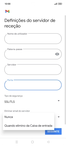 Prima Nunca para manter os e-mails no servidor quando estes são apagados no telefone.