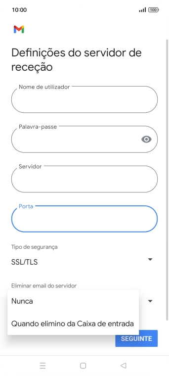 Prima Nunca para manter os e-mails no servidor quando estes são apagados no telefone.