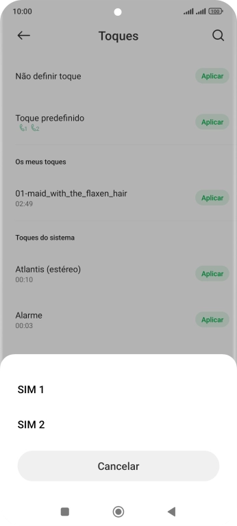 Prima o cartão SIM pretendido.