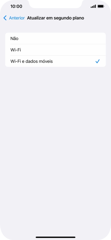 Para desativar a atualização de apps em segundo plano, prima Não.