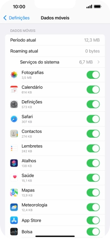 Prima o indicador junto das aplicações pretendidas para ativar ou desativar a função.