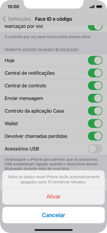 Se ativar a função, prima Ativar.