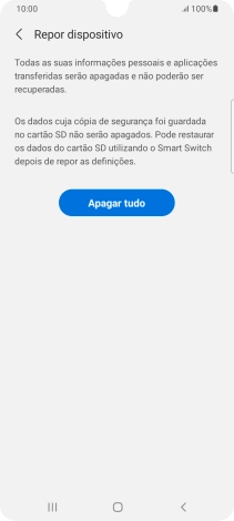 Prima Apagar tudo. Aguarde um momento enquanto o telefone restabelece as definições originais. Siga as indicações no ecrã para configurar o telefone de modo que este fique pronto a ser utilizado.