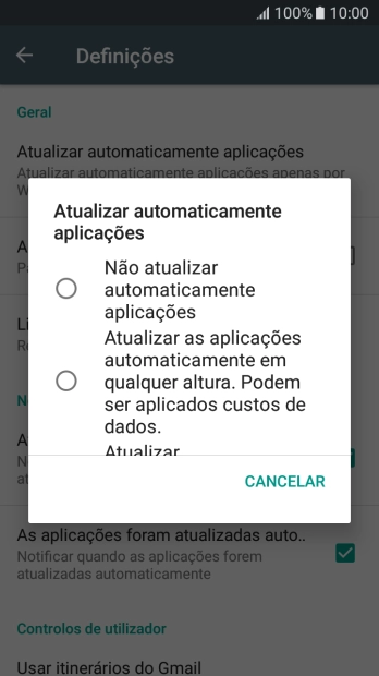 Prima Não atualizar automaticamente aplicações para desativar a função.