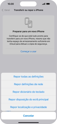 Prima Repor todas as definições.