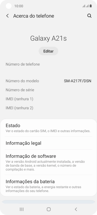 O código IMEI é mostrado no ecrã.