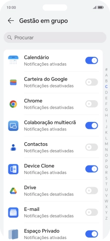 Prima o indicador junto às apps pretendidas para ativar ou desativar a função.